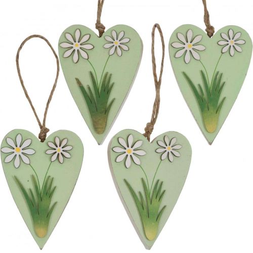 Corações decorativos para pendurar com flores madeira verde, branco 8,5×12cm 4 un