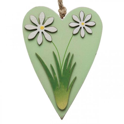 Corações decorativos para pendurar com flores madeira verde, branco 8.5×12cm 4pcs