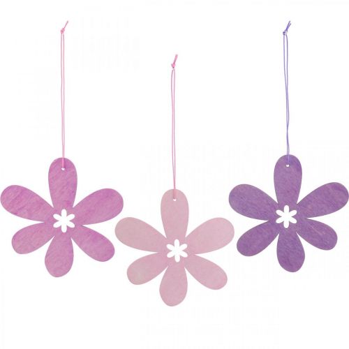 Floristik24 Flor decorativa pingente de madeira flor de madeira roxa/rosa/rosa Ø12cm 12uds