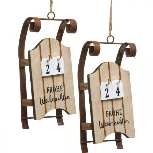 Floristik24 Trenó decorativo calendário de madeira advento ferrugem L14,5 cm 2 unidades