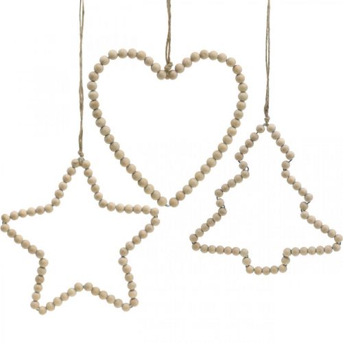 Floristik24 Cabide decorativo de Natal com miçangas de madeira coração árvore estrela H16cm 3 unidades