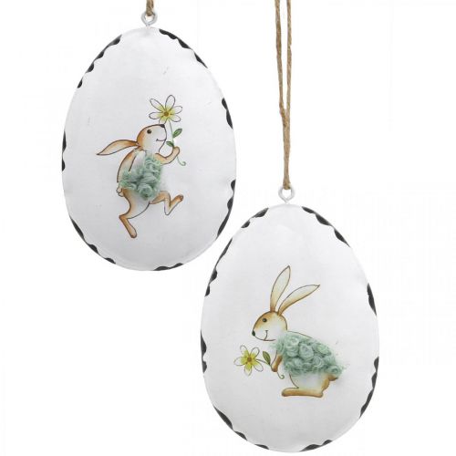 Ovos com coelho, ovos de páscoa para pendurar, decoração em metal branco H10.5cm 4pcs