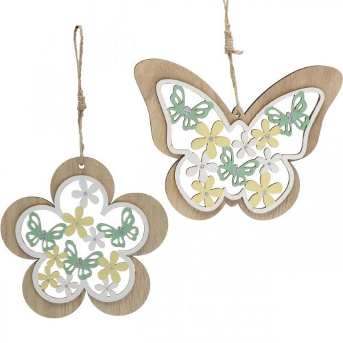 Floristik24 Borboleta para pendurar, pingente de flor de madeira, decoração de primavera com purpurina H11/14,5cm 4uds