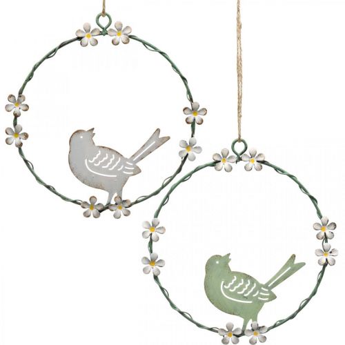 Floristik24 Coroa com pássaro, decoração em metal para pendurar, primavera branco / verde Ø14,5cm conjunto de 2