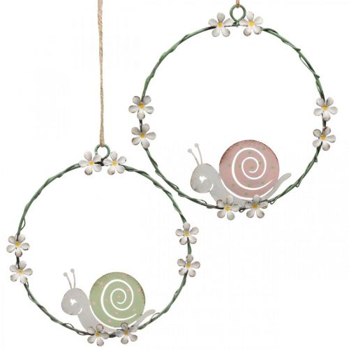 Floristik24 Anel decorativo com caracol, decoração de primavera, decoração em metal verde/rosa Ø14,5cm conjunto de 2