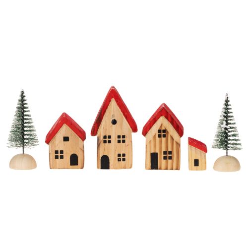 Conjunto de casinhas decorativas de madeira com telhados vermelhos e pinheiros, 12 cm, 6 peças | Floristik24.pt