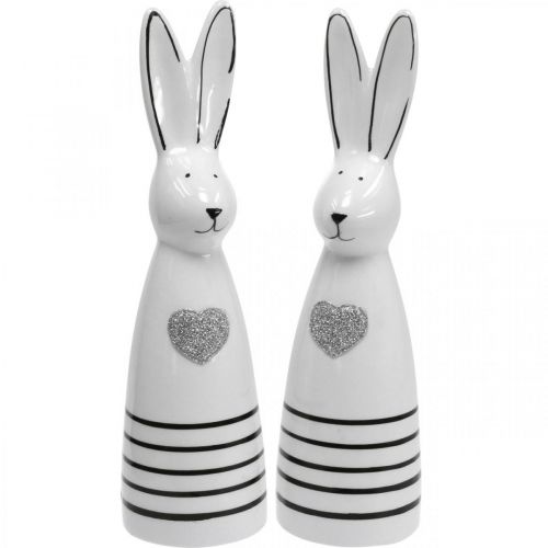 Coelho cerâmico preto e branco, decoração coelhinho da Páscoa par de coelhos com coração H20.5cm 2pcs