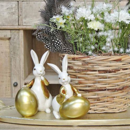 Floristik24 Coelhinho da Páscoa branco-dourado, decoração de Páscoa, coelhinho decorativo com ovo H16/18cm conjunto de 2