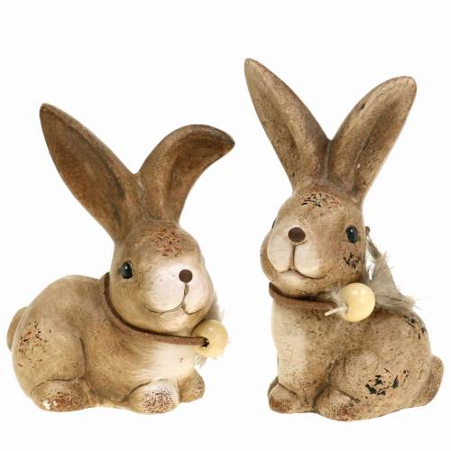 Figuras decorativas coelhos com pena e conta de madeira marrom sortidas 7cm x 4,9cm A 10cm 2 unidades