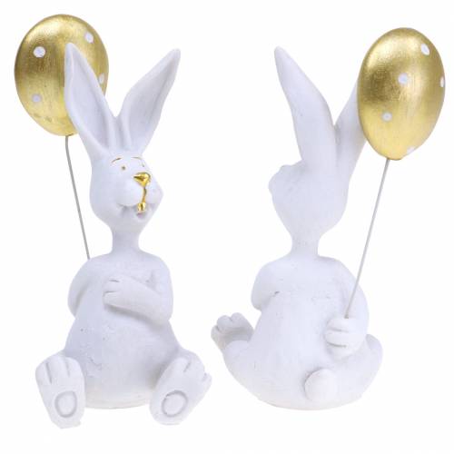 Floristik24 Coelho com balão sentado branco, dourado H13.5cm 2pcs