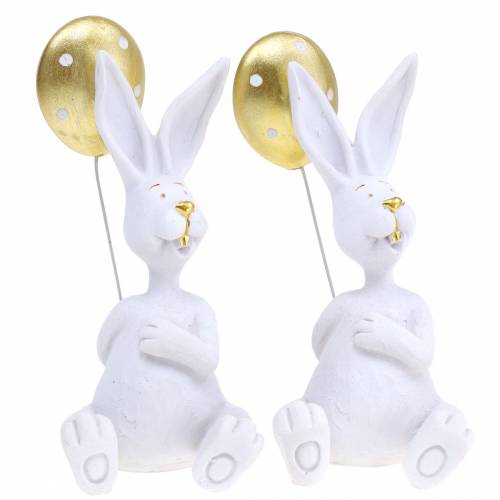 Floristik24 Coelho com balão sentado branco, dourado H13.5cm 2pcs