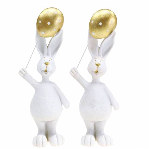 Floristik24 Coelhinho da Páscoa com balão em pé de ouro branco H18cm 2pcs