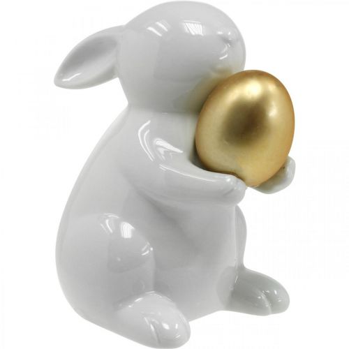 Coelho com ovo dourado cerâmica, decoração de Páscoa branco elegante, dourado Alt.15cm
