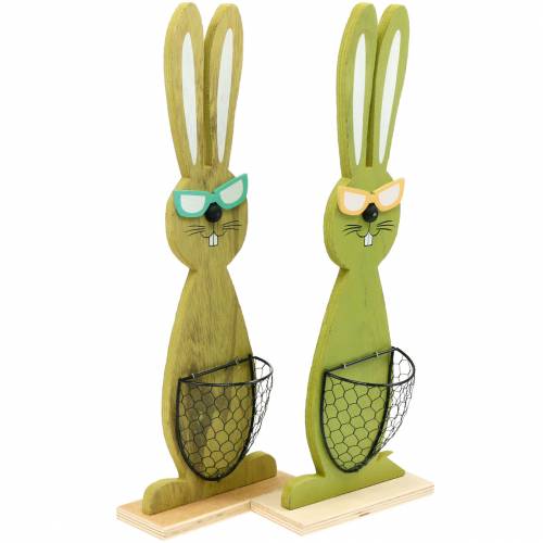 Coelhinhos da Páscoa com cesta verde, primavera, cesta de plantio decorativa, decoração de Páscoa coelho de madeira 2 unidades