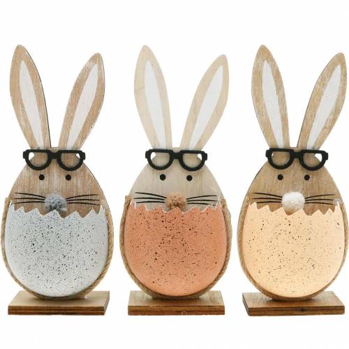 Floristik24 Coelho de madeira em um ovo, decoração de primavera, coelhos com óculos, coelhinhos da Páscoa 3pcs