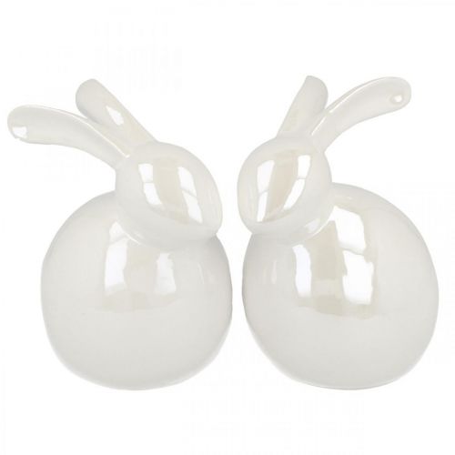 Floristik24 Coelhinho da Páscoa, decoração de primavera, coelhinho decorativo branco, madrepérola H12.5cm 2pcs