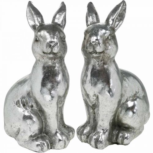 Floristik24 Coelho decorativo sentado decoração de Páscoa prata vintage H17cm 2 peças
