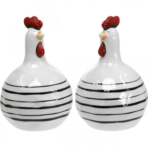 Floristik24 Figura decorativa de cerâmica listrada de frango preto e branco Páscoa H17cm 2pcs