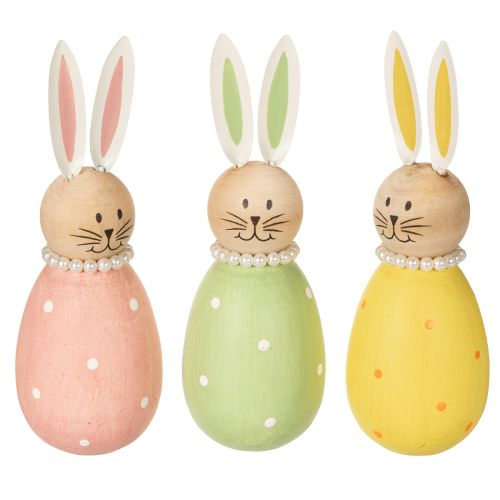 Figuras decorativas de coelhos em madeira em tons pastel, coelhinhos da Páscoa com colar de pérolas, 14,5 x 5 cm, conjunto de 3 peças.
