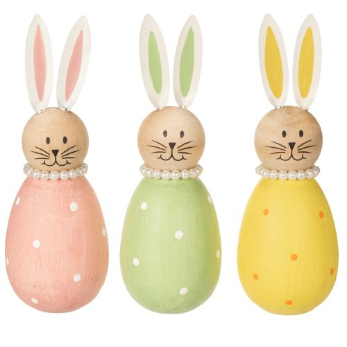 Itens Figuras decorativas de coelhos em madeira em tons pastel, coelhinhos da Páscoa com colar de pérolas, 14,5 x 5 cm, conjunto de 3 peças.