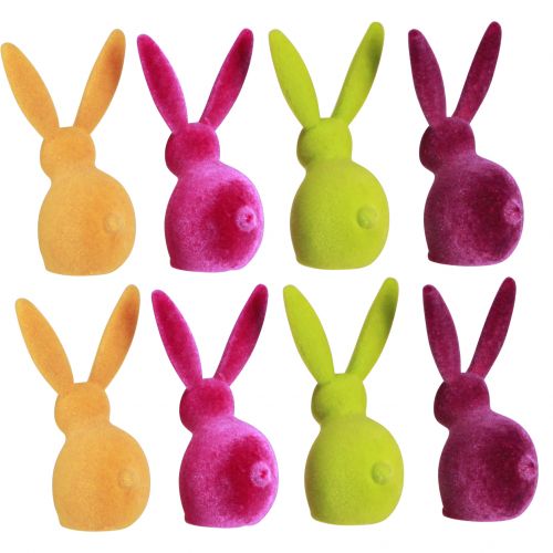 Pequenos coelhinhos da Páscoa sentados, coloridos e aveludados, 13 cm, conjunto de 8 peças. | Floristik24.pt