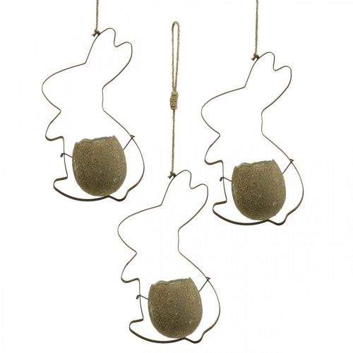 Floristik24 Decoração de coelho para pendurar, coelho de metal com ovo, casca de ovo para plantar pátina 3 peças