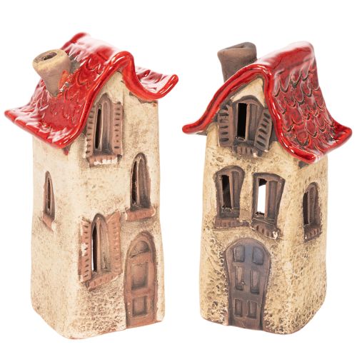 Casinha decorativa de cerâmica com telhado vermelho, iluminada, 15 cm, 2 peças comprar | Floristik24.pt