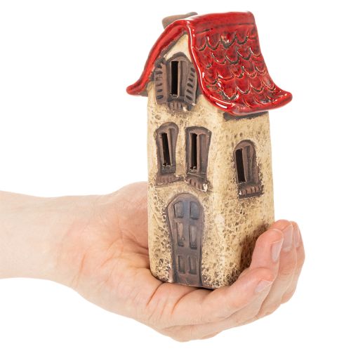 Casinha decorativa de cerâmica com telhado vermelho, iluminada, 15 cm, 2 peças | Floristik24.pt