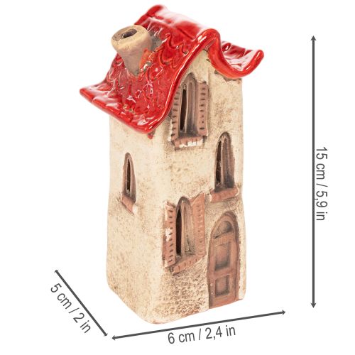 Casinha decorativa de cerâmica com telhado vermelho, iluminada, 15 cm, 2 peças | Floristik24.pt