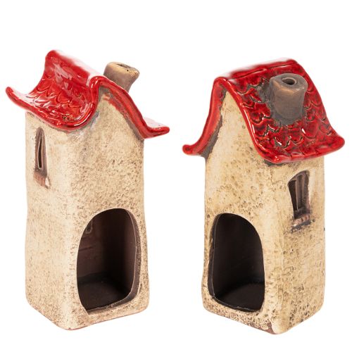 Casinha decorativa de cerâmica com telhado vermelho, iluminada, 15 cm, 2 peças | Floristik24.pt