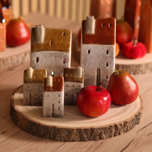 Casinha decorativa de cerâmica com chaminé, para vela pequena, outono e inverno, 13 cm, 2 peças. | Floristik24.pt