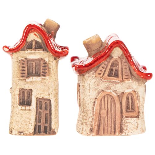 Conjunto de decoração de casinhas de cerâmica, casinhas pequenas com telhado vermelho, 8 cm, 2 peças. | Floristik24.pt