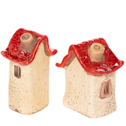 Conjunto de decoração de casinhas de cerâmica, casinhas pequenas com telhado vermelho, 8 cm, 2 peças. | Floristik24.pt