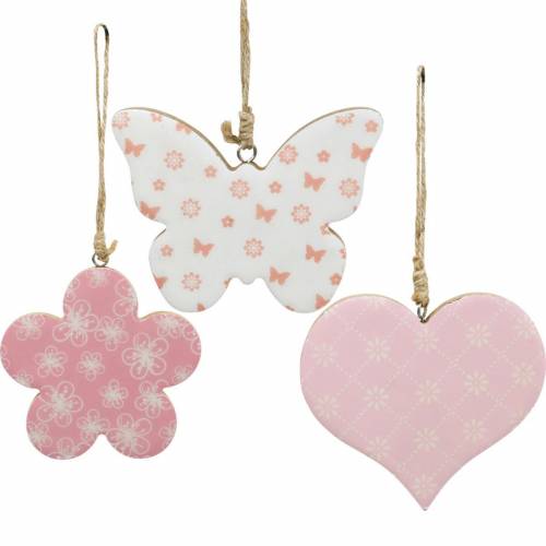 Floristik24 Decoração pendurada em forma de coração, flor, borboleta, branca, rosa, madeira, primavera, decoração, 6pcs