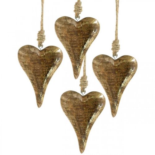 Floristik24 Corações de madeira com decoração dourada, madeira de mangueira, pingentes decorativos 10cm × 7cm 8pcs