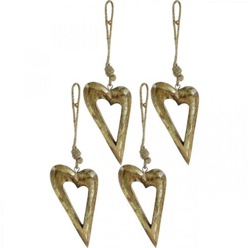 Floristik24 Coração Déco, efeito de ouro de madeira de manga, decoração de madeira para pendurar 13,5 cm × 7 cm 4 unidades