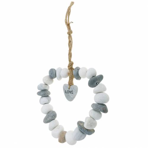 Floristik24 Coração para pendurar “Love” feito de seixos de rio Nature, cinza / branco Ø18cm 1 un.