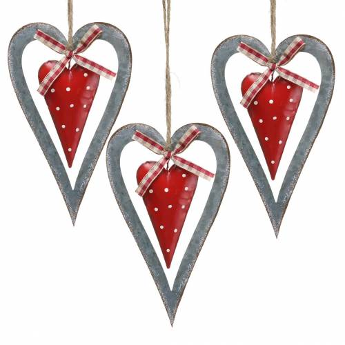 Coração decorativo para pendurar metal vermelho, prata Ø8,8 H15cm 3 unidades