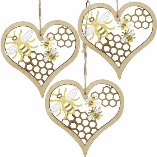 Floristik24 Coração decorativo de abelhas amarelo, coração de madeira dourada para pendurar decoração de verão 6 unidades