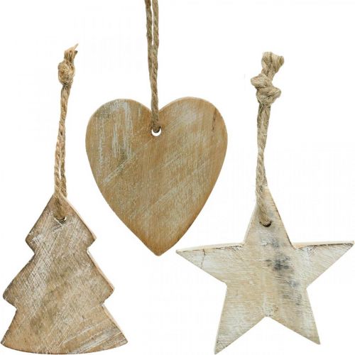 Floristik24 Pingentes de madeira, abeto / coração / estrela, conjunto de decoração de Natal H7.5 / 8cm 9 unidades