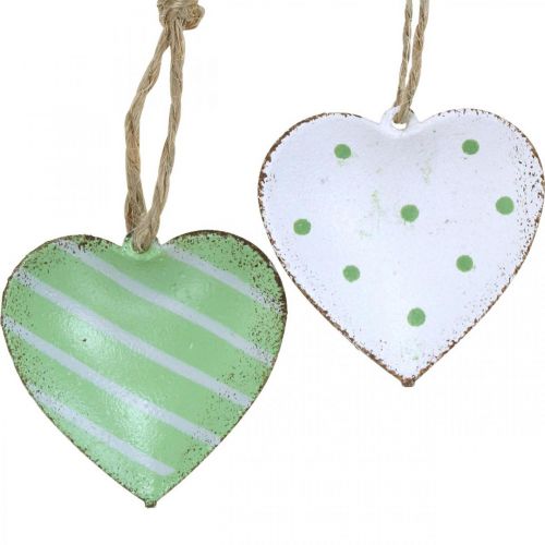 Floristik24 Corações de metal para pendurar, Dia dos Namorados, decoração de primavera, pingente de coração verde, branco H3.5cm 10pcs