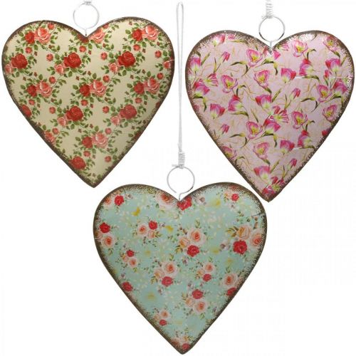 Floristik24 Coração para pendurar, Dia dos Namorados, decoração de coração com rosas, Dia das Mães, decoração de metal H16cm 3pcs