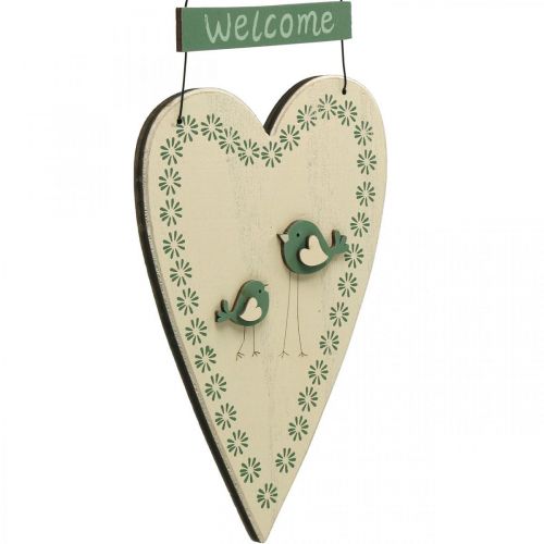 Floristik24 Coração para pendurar, decoração de madeira com pássaros, decoração de porta, verde primavera, amarelo H22cm conjunto de 3