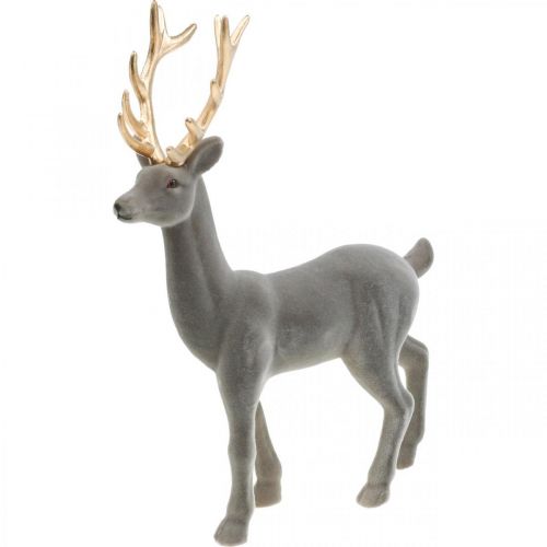Figura decorativa veado decorativa rena flocada cinza H37cm