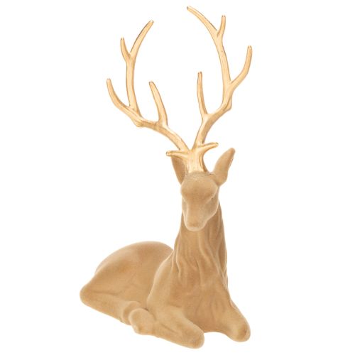 Estatueta decorativa de um veado reclinado com chifres, decoração aveludada, 58 cm | Floristik24.pt