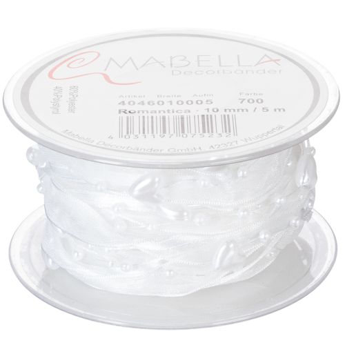 Itens Fita de organza branca para decoração de casamento, 10mm x 5m, com corações e pérolas.