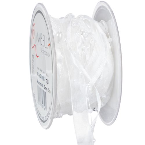 Floristik24 Fita de organza branca para decoração de casamento, 10mm x 5m, com corações e pérolas.