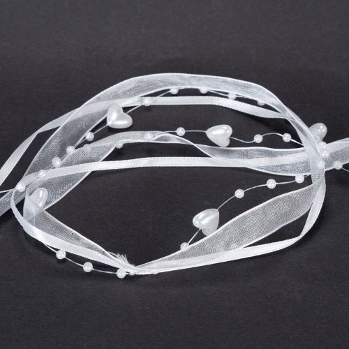 Itens Fita de organza branca para decoração de casamento, 10mm x 5m, com corações e pérolas.