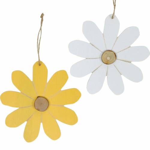 Floristik24 Flores de madeira para pendurar, decoração de primavera, flores de madeira amarela e branca, flores de verão 8pcs