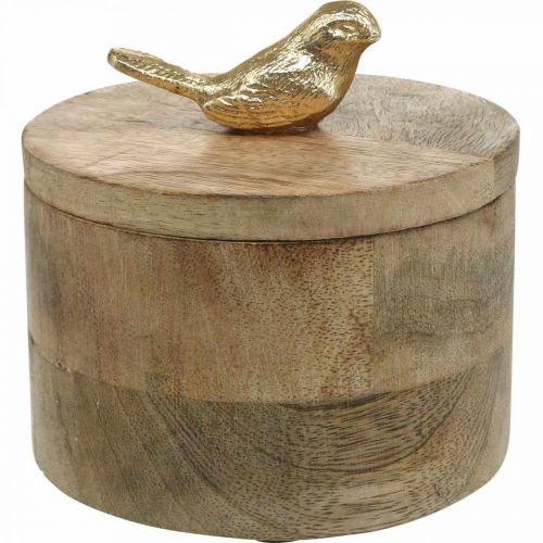 Porta-jóias com pássaro, mola, caixa decorativa em madeira de mangueira, madeira verdadeira natural, dourado H11cm Ø12cm